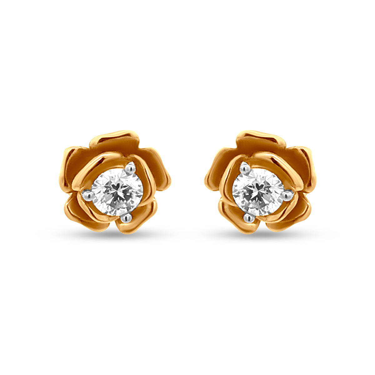 18k Yellow Gold Rose Flower Diamond Earrings with Solitaire Diamond Centerpiece