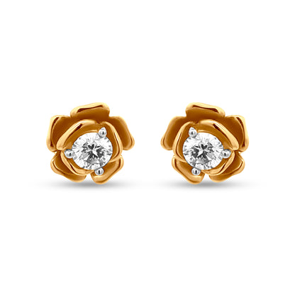 18k Yellow Gold Rose Flower Diamond Earrings with Solitaire Diamond Centerpiece