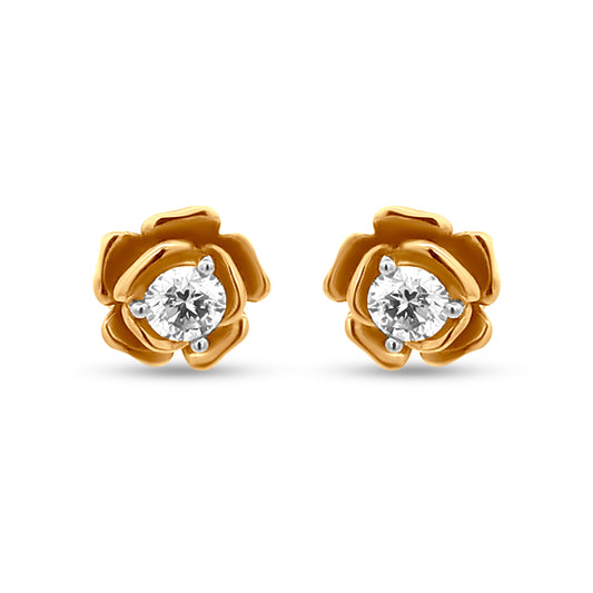 18k Yellow Gold Rose Flower Diamond Earrings with Solitaire Diamond Centerpiece