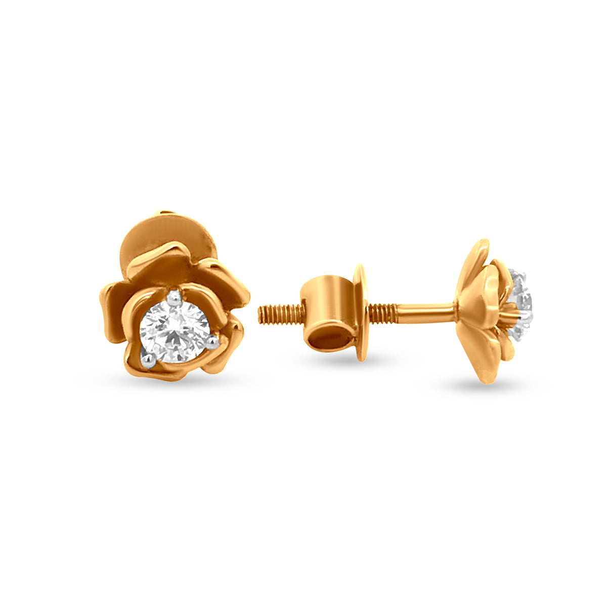 18k Yellow Gold Rose Flower Diamond Earrings with Solitaire Diamond Centerpiece