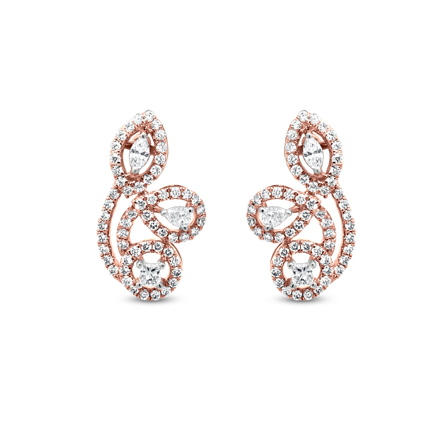 Stunning 18k Rose Gold Diamond Abstract Earrings with Crystal Cut Pear and Marquise Diamonds