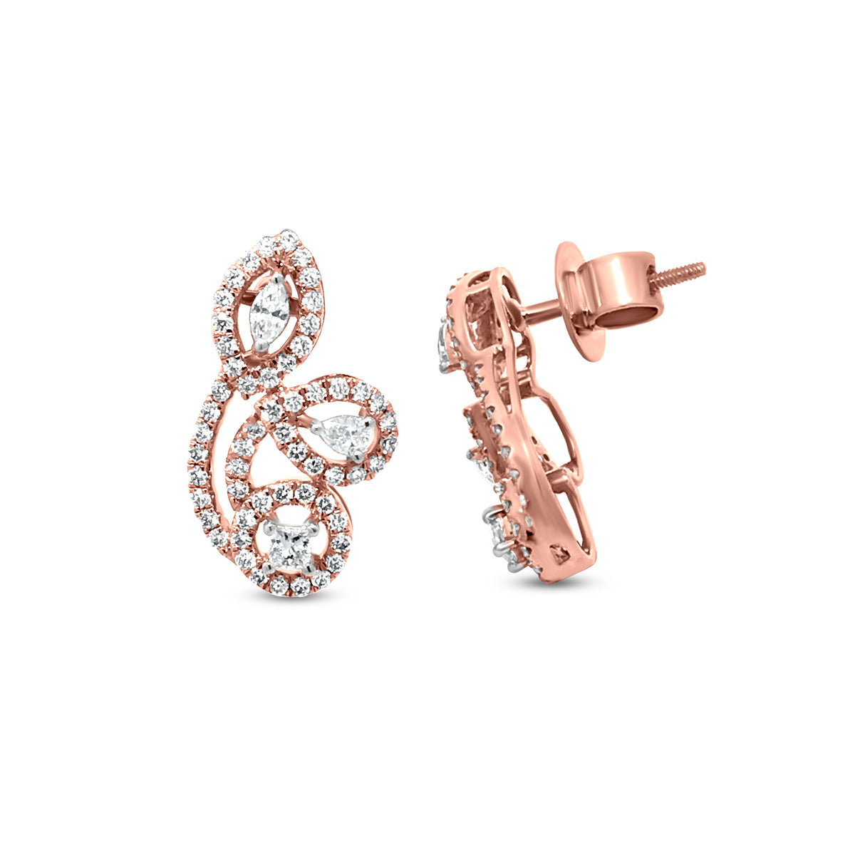 Stunning 18k Rose Gold Diamond Abstract Earrings with Crystal Cut Pear and Marquise Diamonds