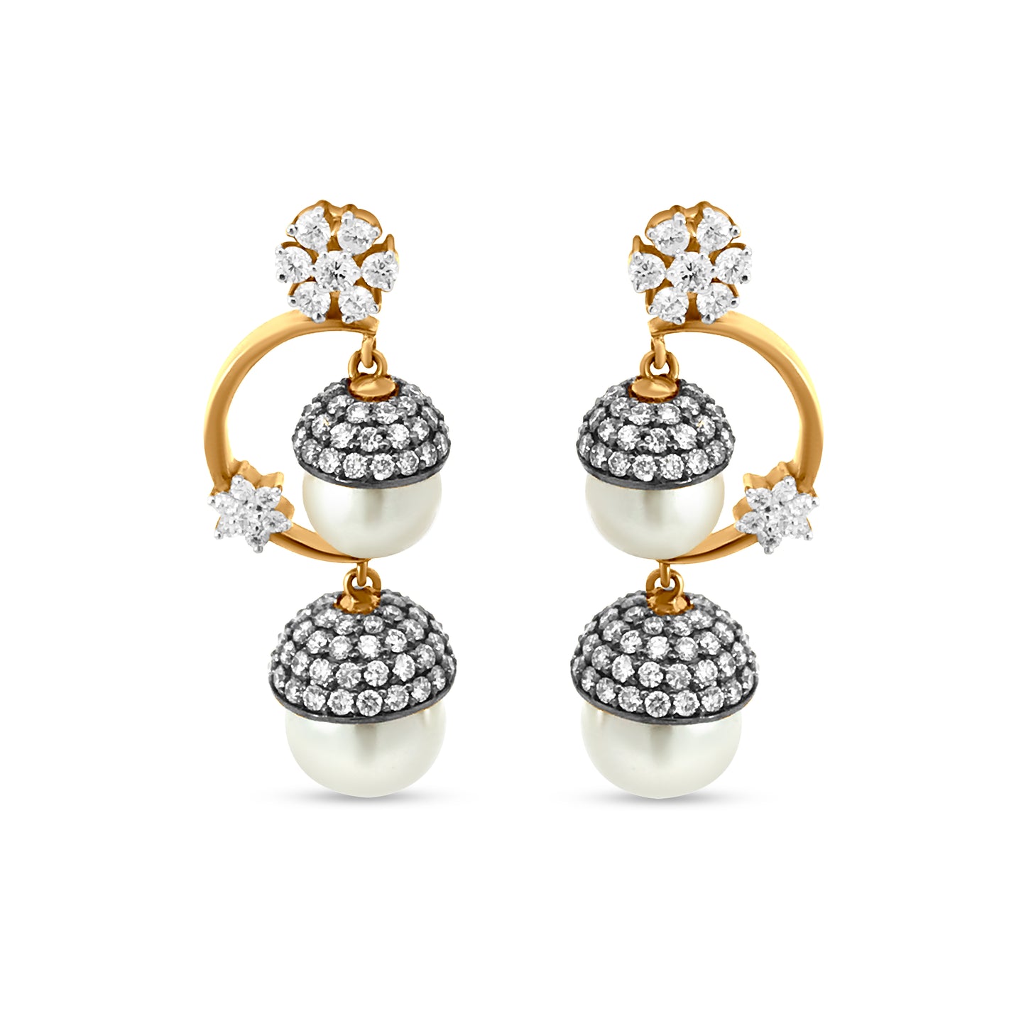 18k Yellow Gold Traditional Diamond Dangle Drop Earrings with 3.49 Carats, Pearls and Black Enamel