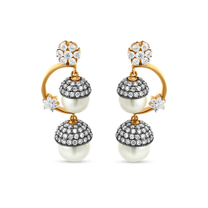 18k Yellow Gold Traditional Diamond Dangle Drop Earrings with 3.49 Carats, Pearls and Black Enamel