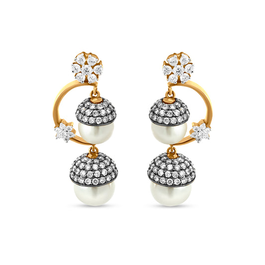 18k Yellow Gold Traditional Diamond Dangle Drop Earrings with 3.49 Carats, Pearls and Black Enamel