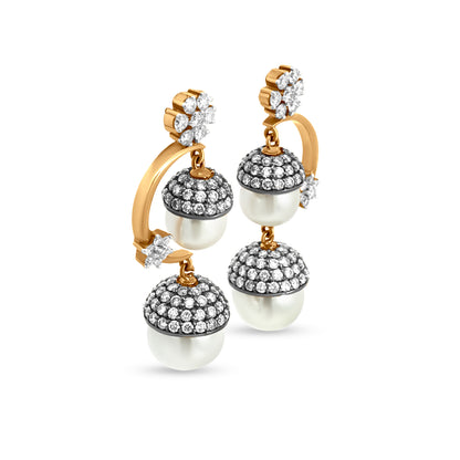 18k Yellow Gold Traditional Diamond Dangle Drop Earrings with 3.49 Carats, Pearls and Black Enamel