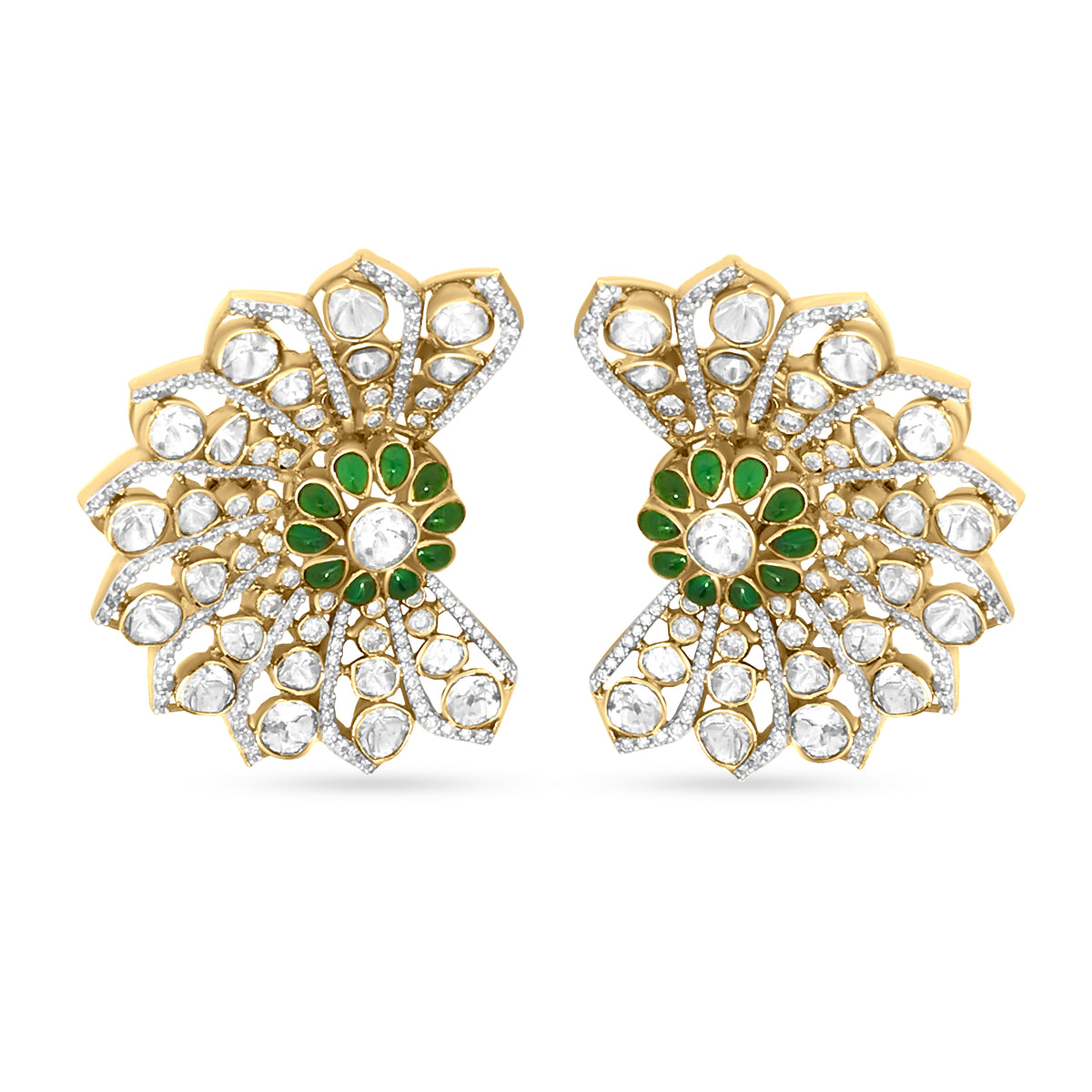 18K Yellow Gold Floral Diamond And Polki Stone Earring