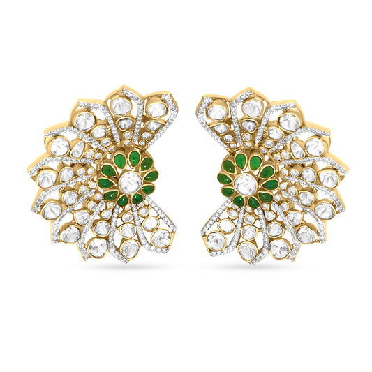 18K Yellow Gold Floral Diamond And Polki Stone Earring