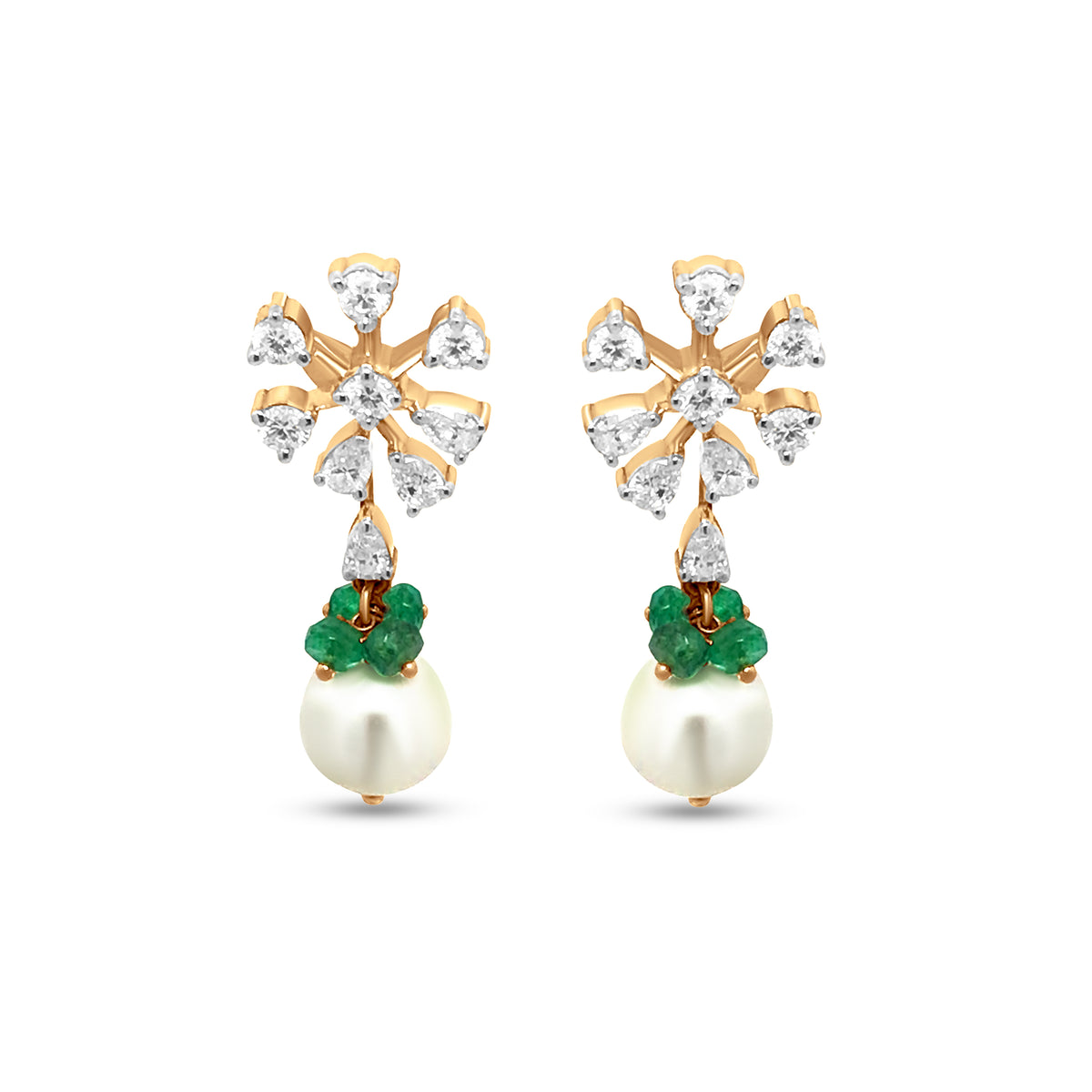 Pear Diamond, Green Stone & Pearl Flower Drop Earrings in 18K Yellow Gold