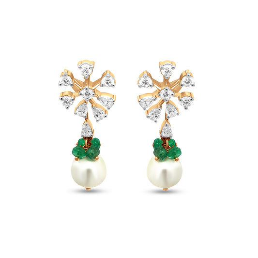 Pear Diamond, Green Stone & Pearl Flower Drop Earrings in 18K Yellow Gold