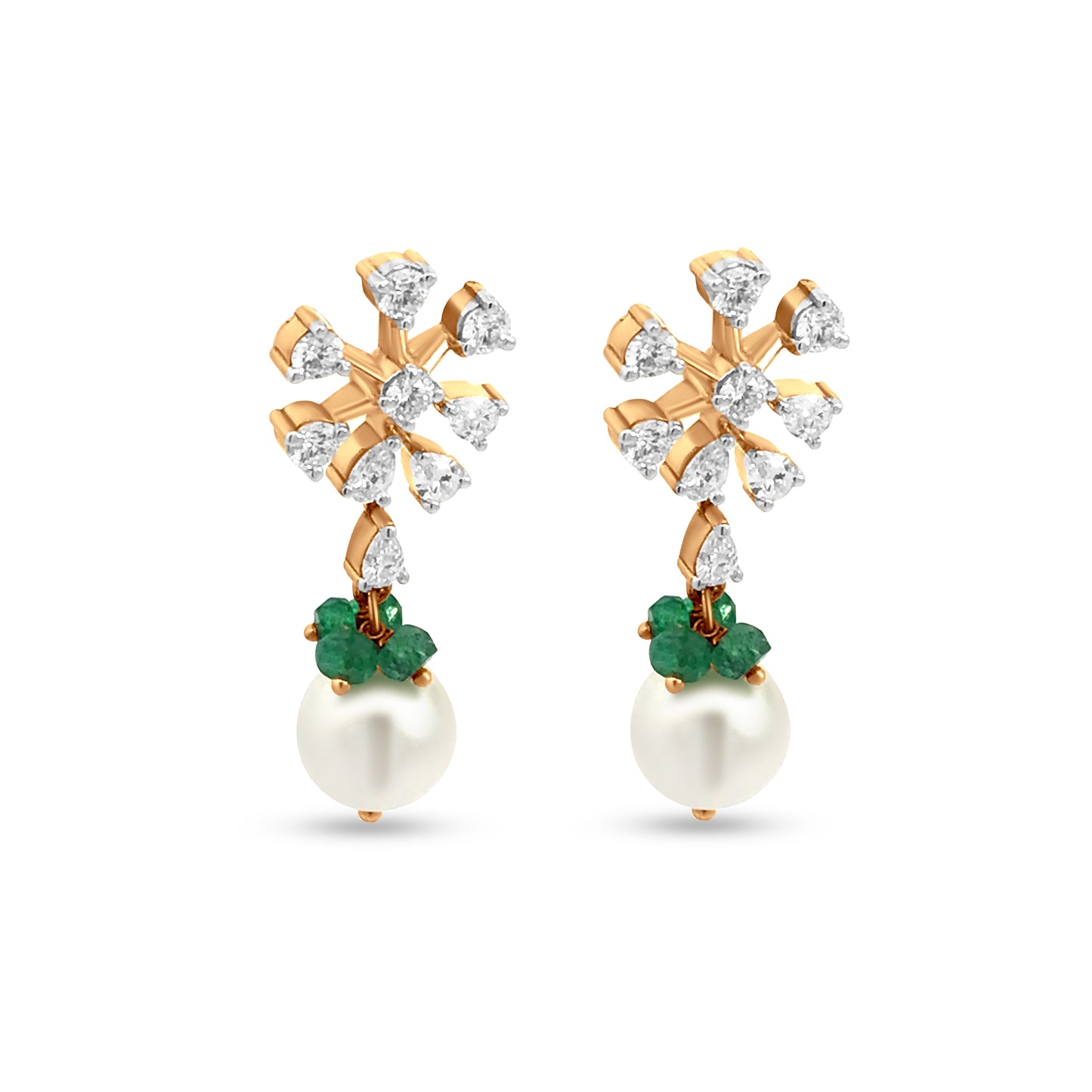 Pear Diamond, Green Stone & Pearl Flower Drop Earrings in 18K Yellow Gold