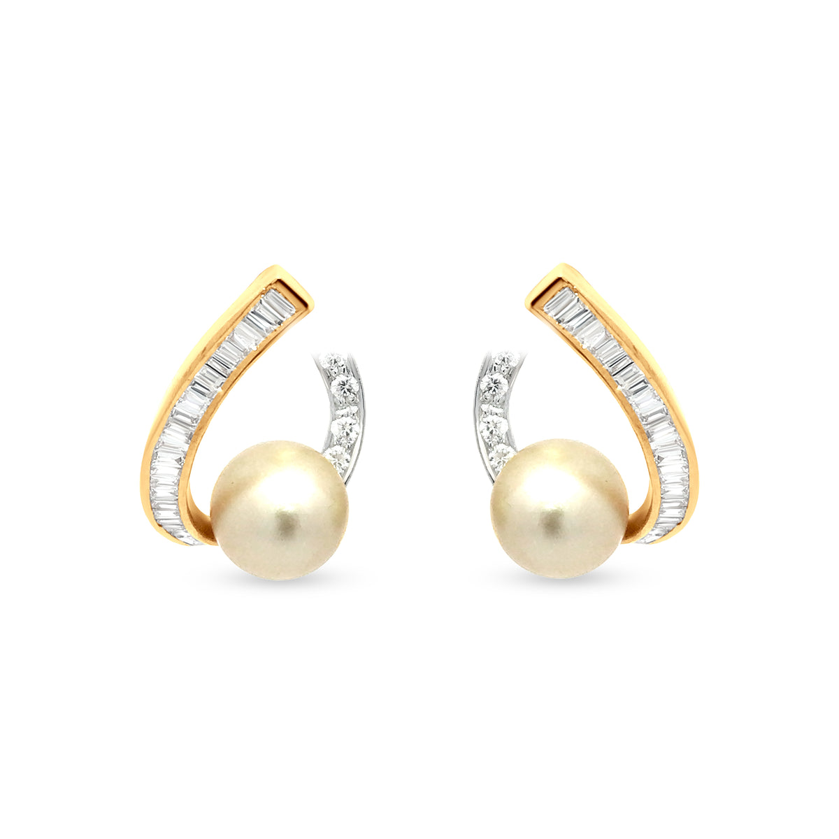 Elegant 18k Yellow Gold Pearl and Baguette Diamond Designer Earrings For Womens And Girls