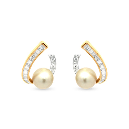 Elegant 18k Yellow Gold Pearl and Baguette Diamond Designer Earrings For Womens And Girls