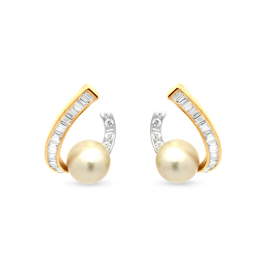 Elegant 18k Yellow Gold Pearl and Baguette Diamond Designer Earrings For Womens And Girls