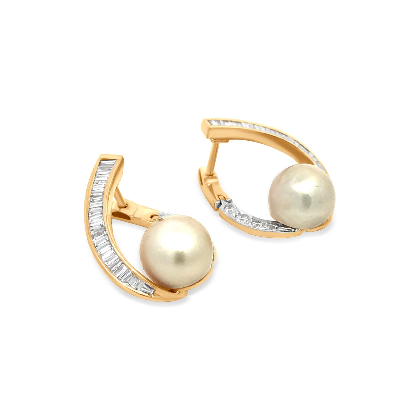 Elegant 18k Yellow Gold Pearl and Baguette Diamond Designer Earrings For Womens And Girls
