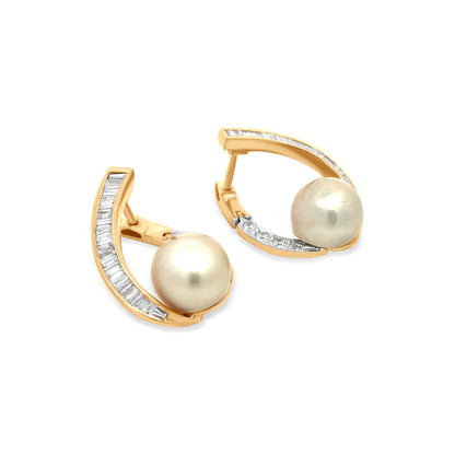 Elegant 18k Yellow Gold Pearl and Baguette Diamond Designer Earrings For Womens And Girls