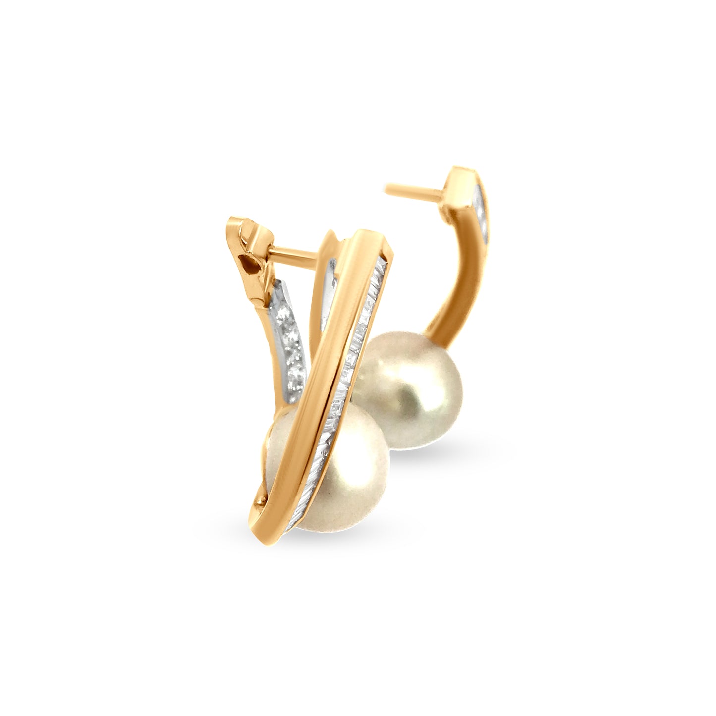 Elegant 18k Yellow Gold Pearl and Baguette Diamond Designer Earrings For Womens And Girls
