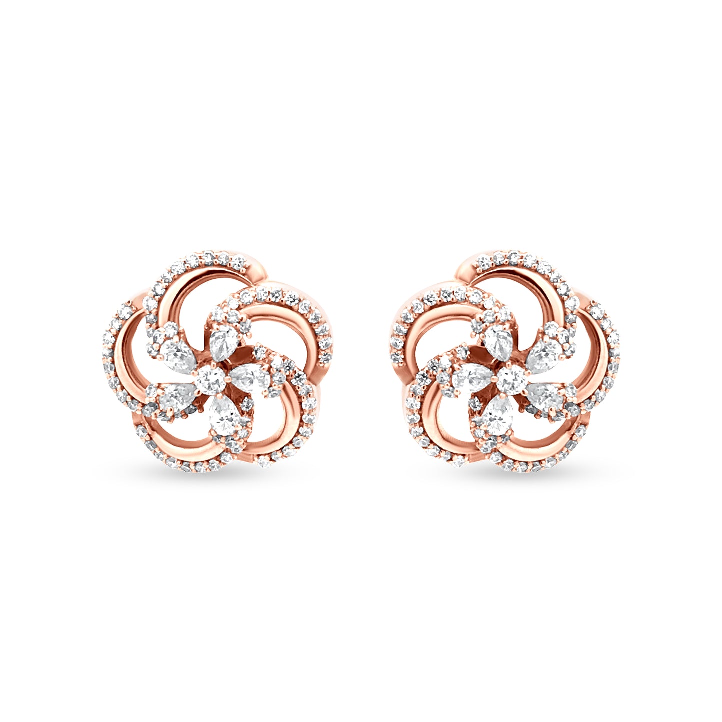 18k Rose Gold Swirl Diamond Stud Earrings - 0.83ct Total Diamond Weight, Perfect for Any Outfit