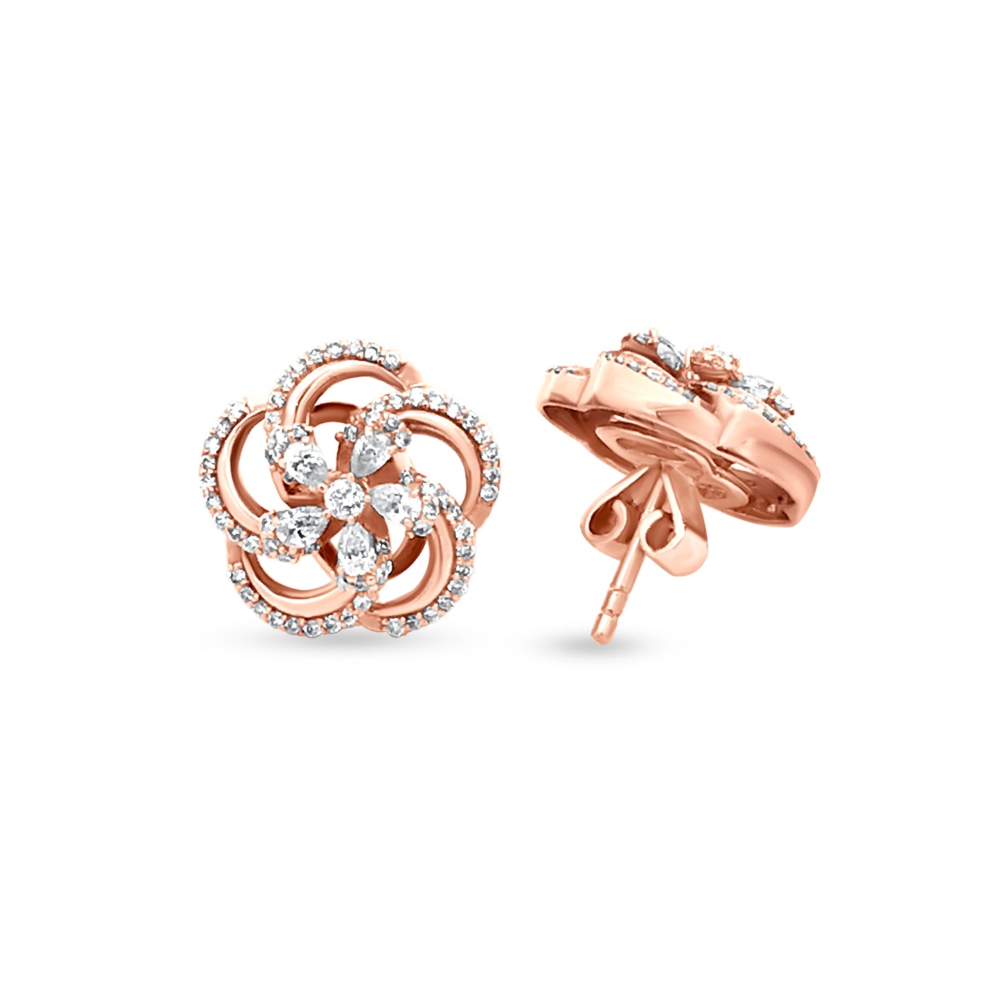 18k Rose Gold Swirl Diamond Stud Earrings - 0.83ct Total Diamond Weight, Perfect for Any Outfit