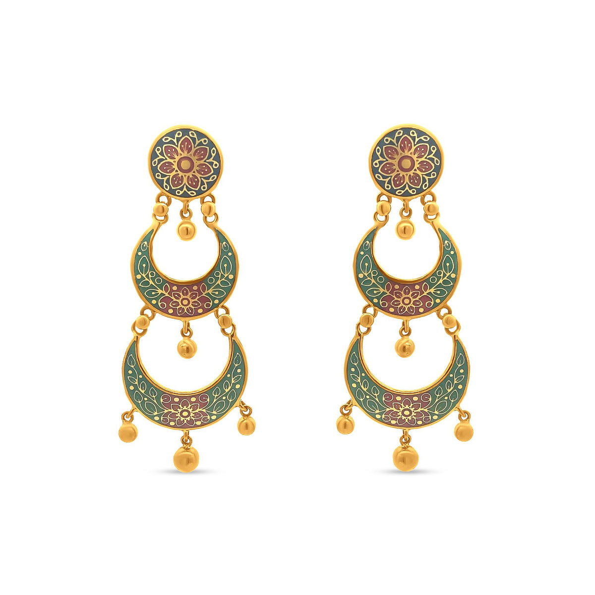 Exquisite 22k Yellow Gold Chandbali Earring with Vibrant Floral Enamel