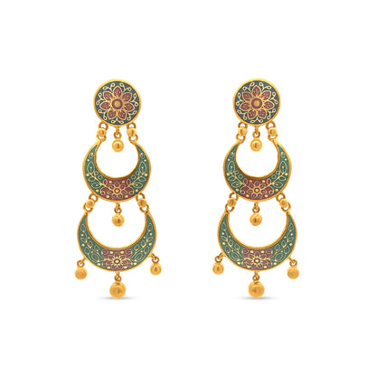 Exquisite 22k Yellow Gold Chandbali Earring with Vibrant Floral Enamel