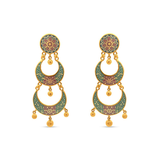 Exquisite 22k Yellow Gold Chandbali Earring with Vibrant Floral Enamel
