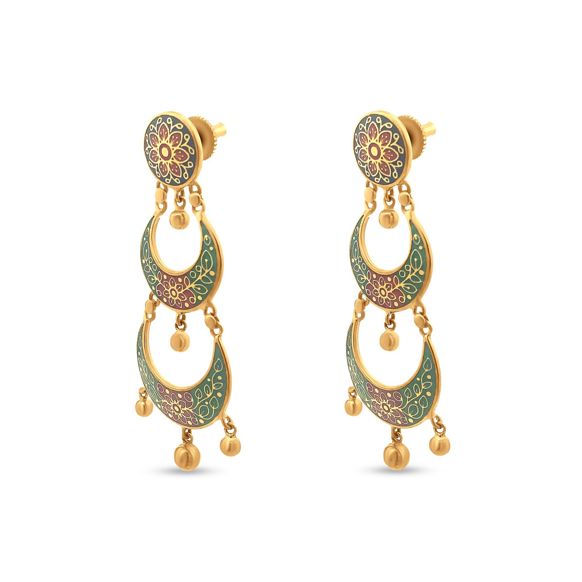 Exquisite 22k Yellow Gold Chandbali Earring with Vibrant Floral Enamel