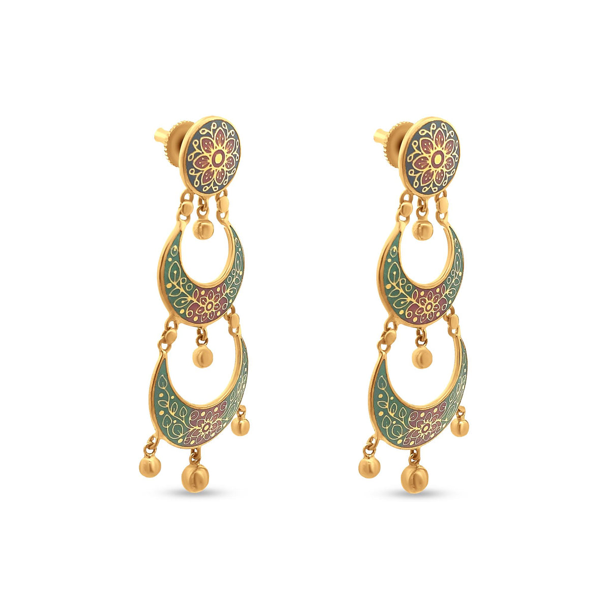 Exquisite 22k Yellow Gold Chandbali Earring with Vibrant Floral Enamel