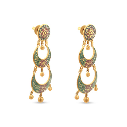 Exquisite 22k Yellow Gold Chandbali Earring with Vibrant Floral Enamel