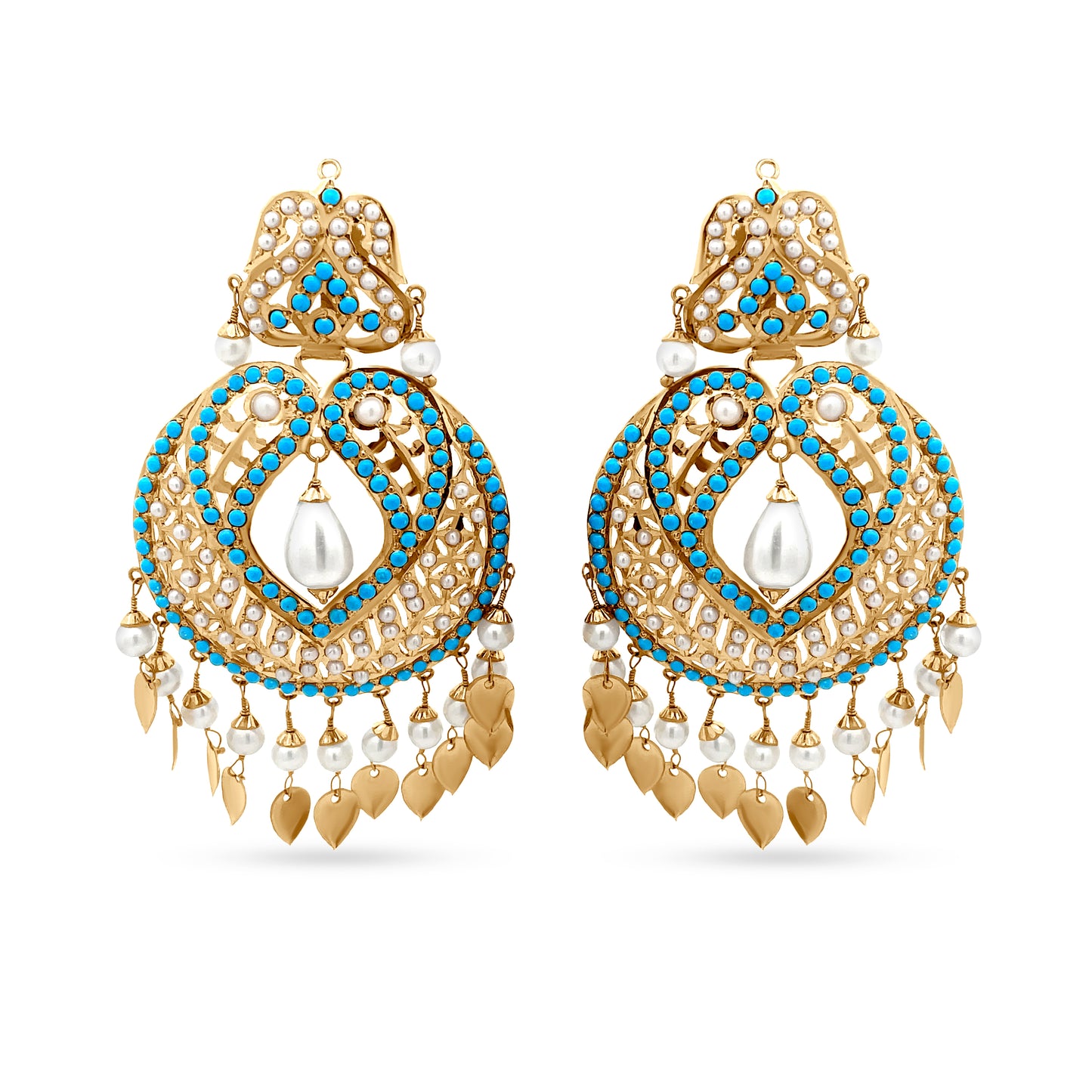 Elegant 22k Yellow Gold Dangle Drop Earring with Pearls and Colorstone