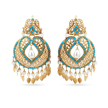 Elegant 22k Yellow Gold Dangle Drop Earring with Pearls and Colorstone