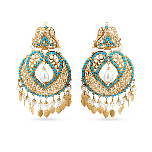 Elegant 22k Yellow Gold Dangle Drop Earring with Pearls and Colorstone