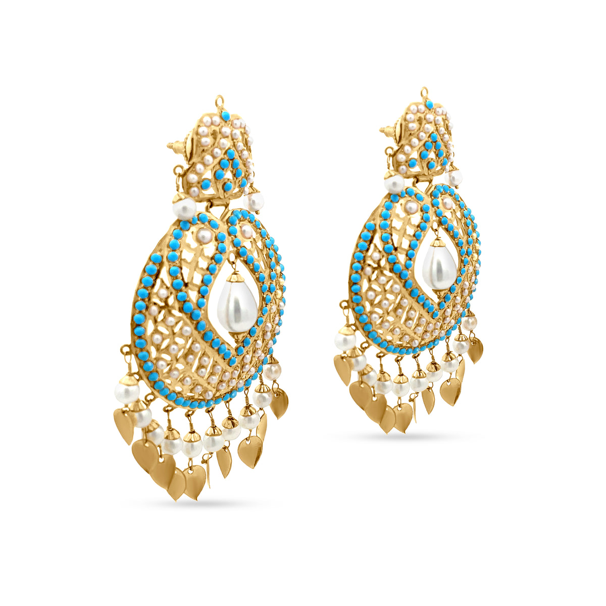 Elegant 22k Yellow Gold Dangle Drop Earring with Pearls and Colorstone