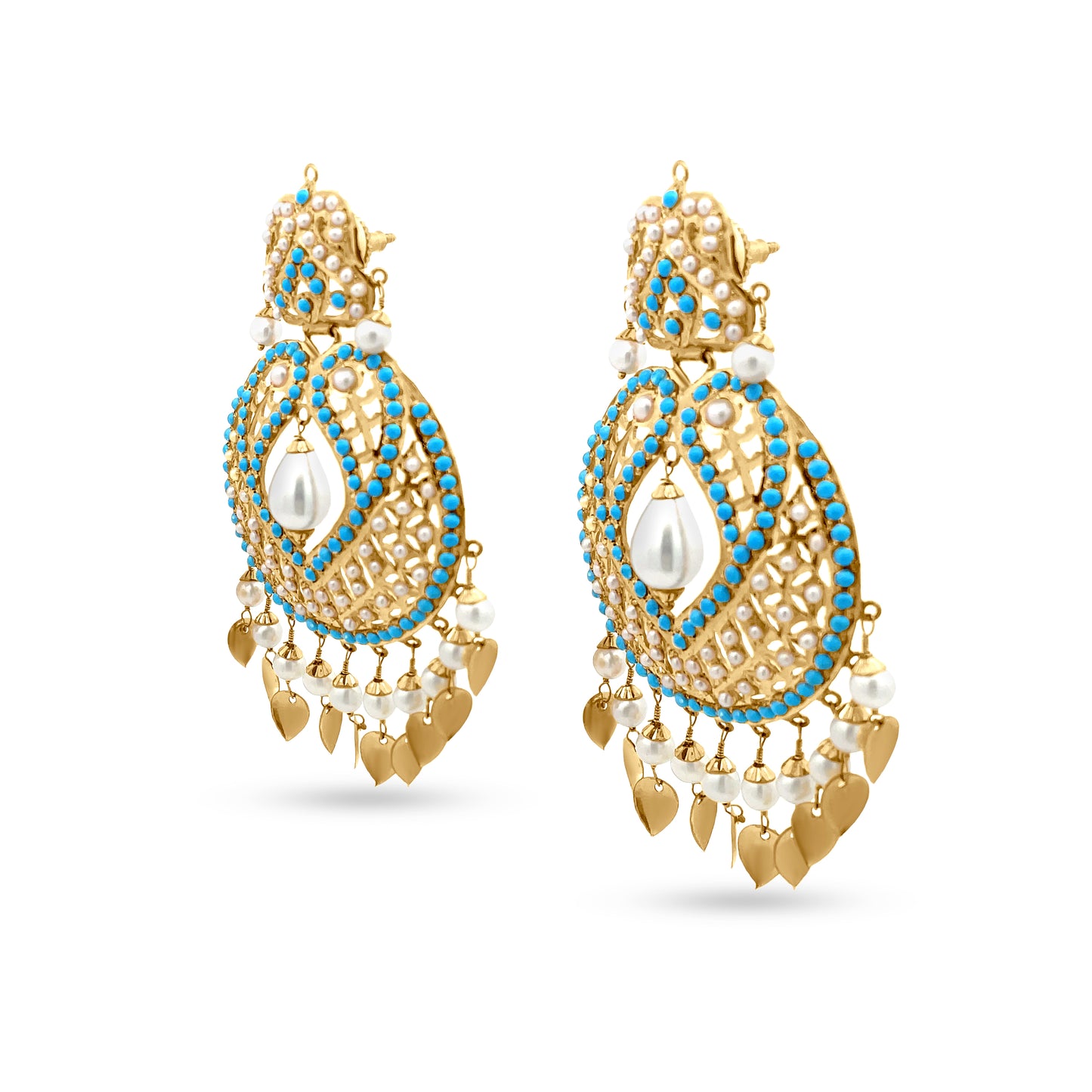 Elegant 22k Yellow Gold Dangle Drop Earring with Pearls and Colorstone