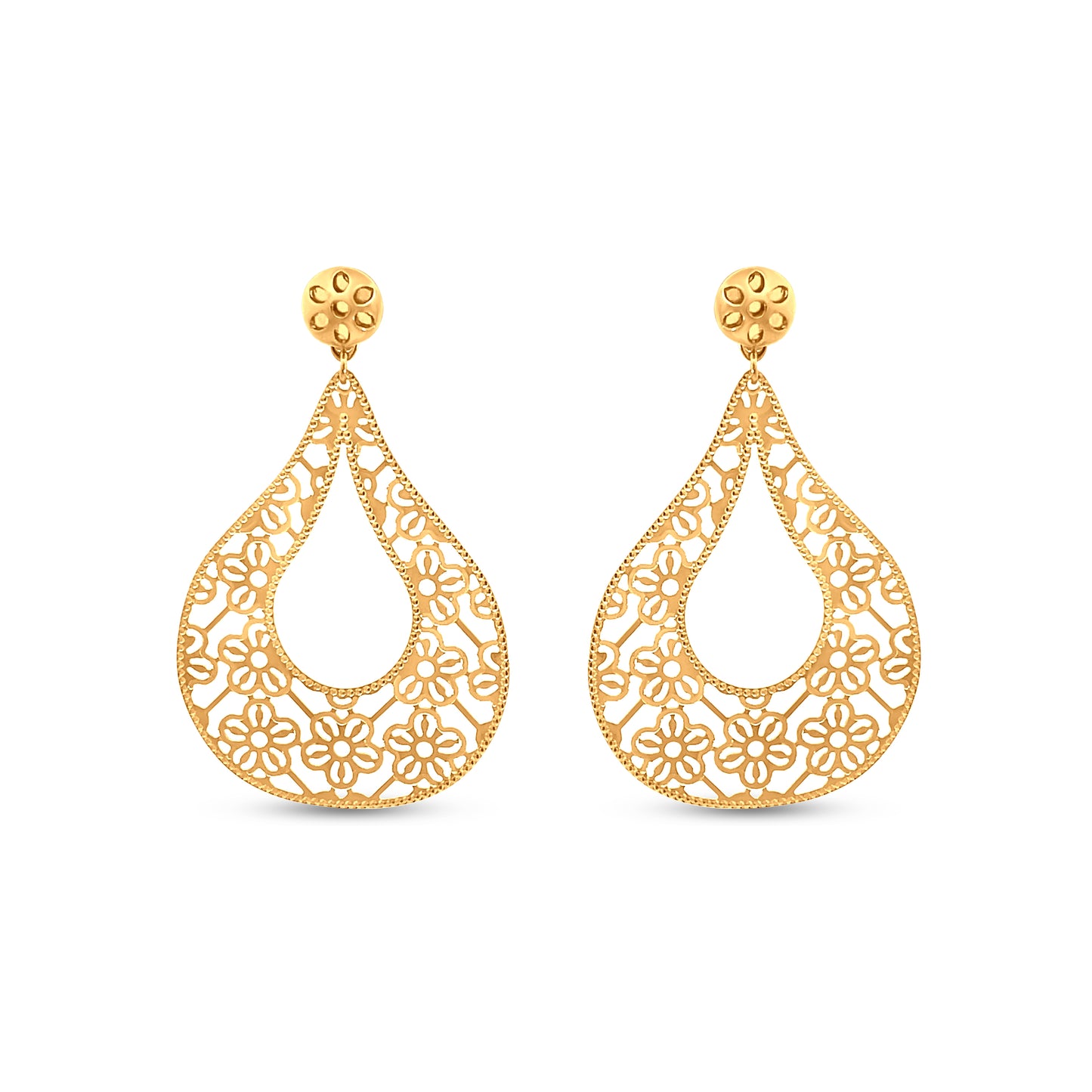 22K Yellow Gold Floral Motif Chandelier Drop Earrings
