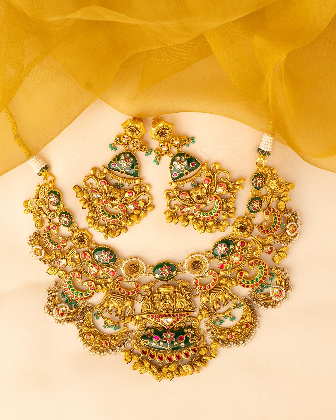 Shahi Utsav: 22K Yellow Gold Elephant Motif Gold Necklace Set with Intricate Detailing