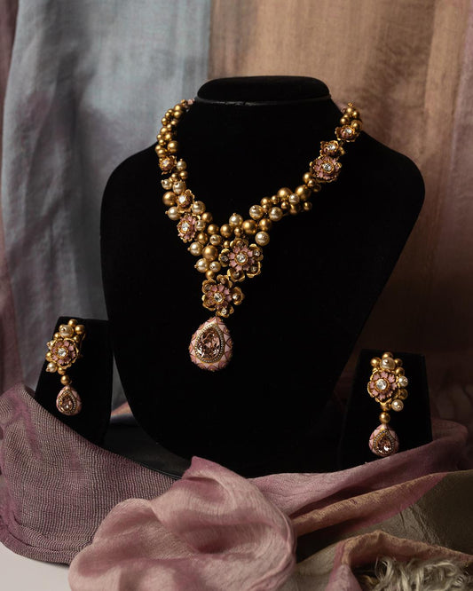 Noorani Haar: 22K Yellow Gold Pink Pearl Necklace with Earrings