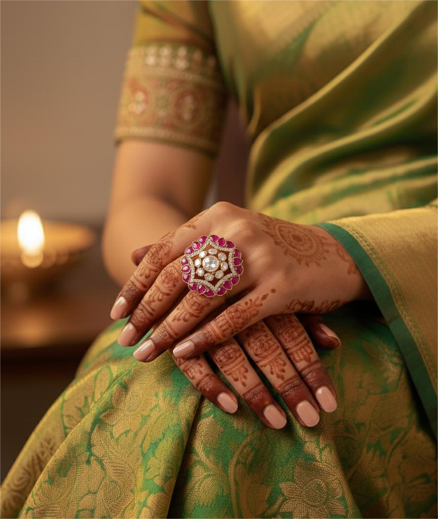 925 Silver Kundan Statement Ring with Rajwada Design