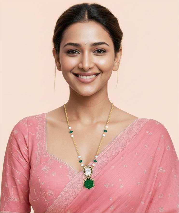 Bold 925 Silver Kundan Pendant with Semi-Precious Green Stone