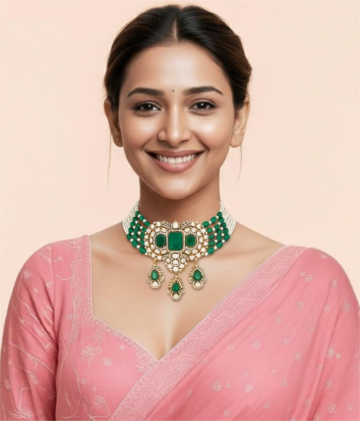 Elegant 925 Silver Kundan Half Set with Green Semi-Precious Stones