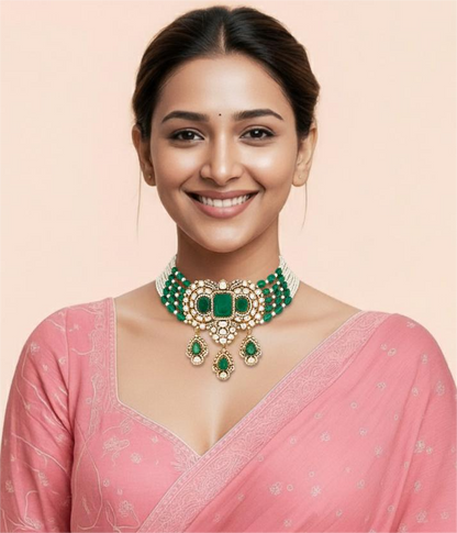 Elegant 925 Silver Kundan Half Set with Green Semi-Precious Stones