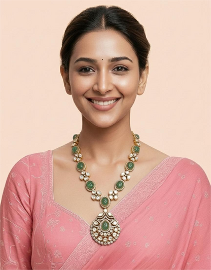 925 Silver Kundan Half Necklace Set with Green Semi-Precious Stones