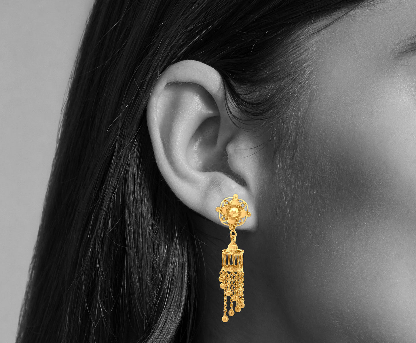 Aditi 22K Yellow Gold Jhumka Earrings with Floral Button on Top