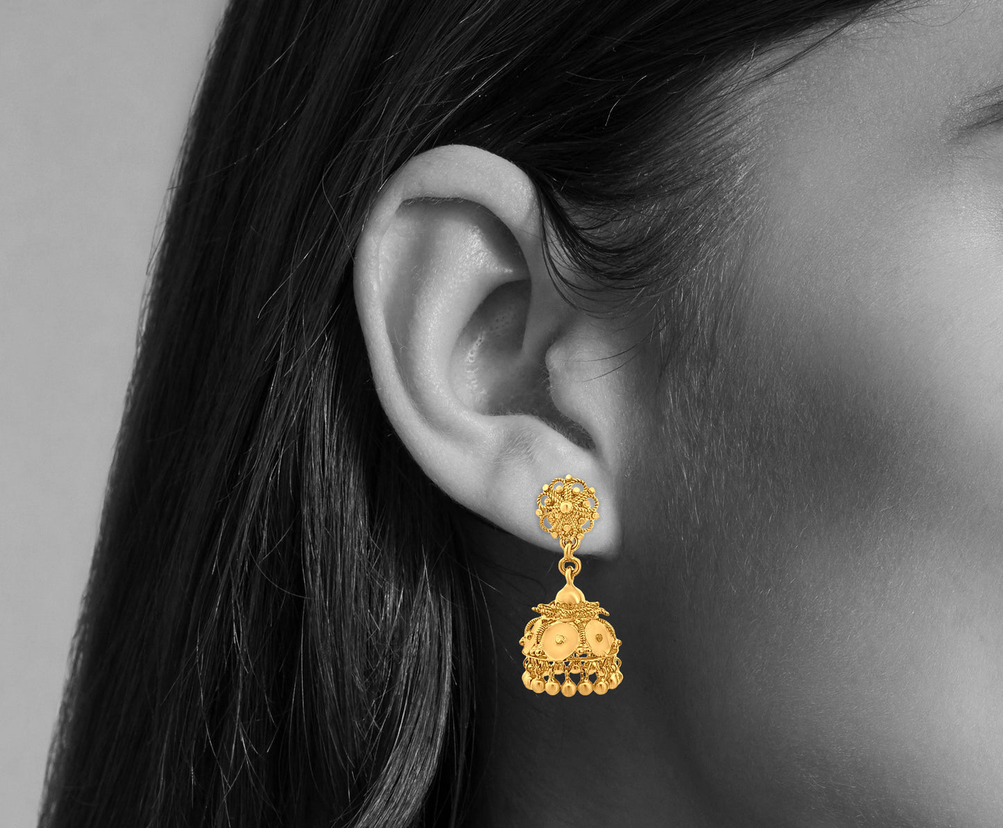 Meera 22K Yellow Gold Long Classical Filigree work Jhumka Earrings