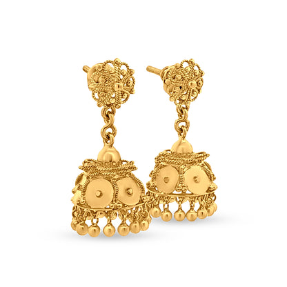 Meera 22K Yellow Gold Long Classical Filigree work Jhumka Earrings