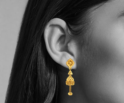 Lavanya 22K Yellow Gold Long Traditional Jhumkas with Hanging Trinkets