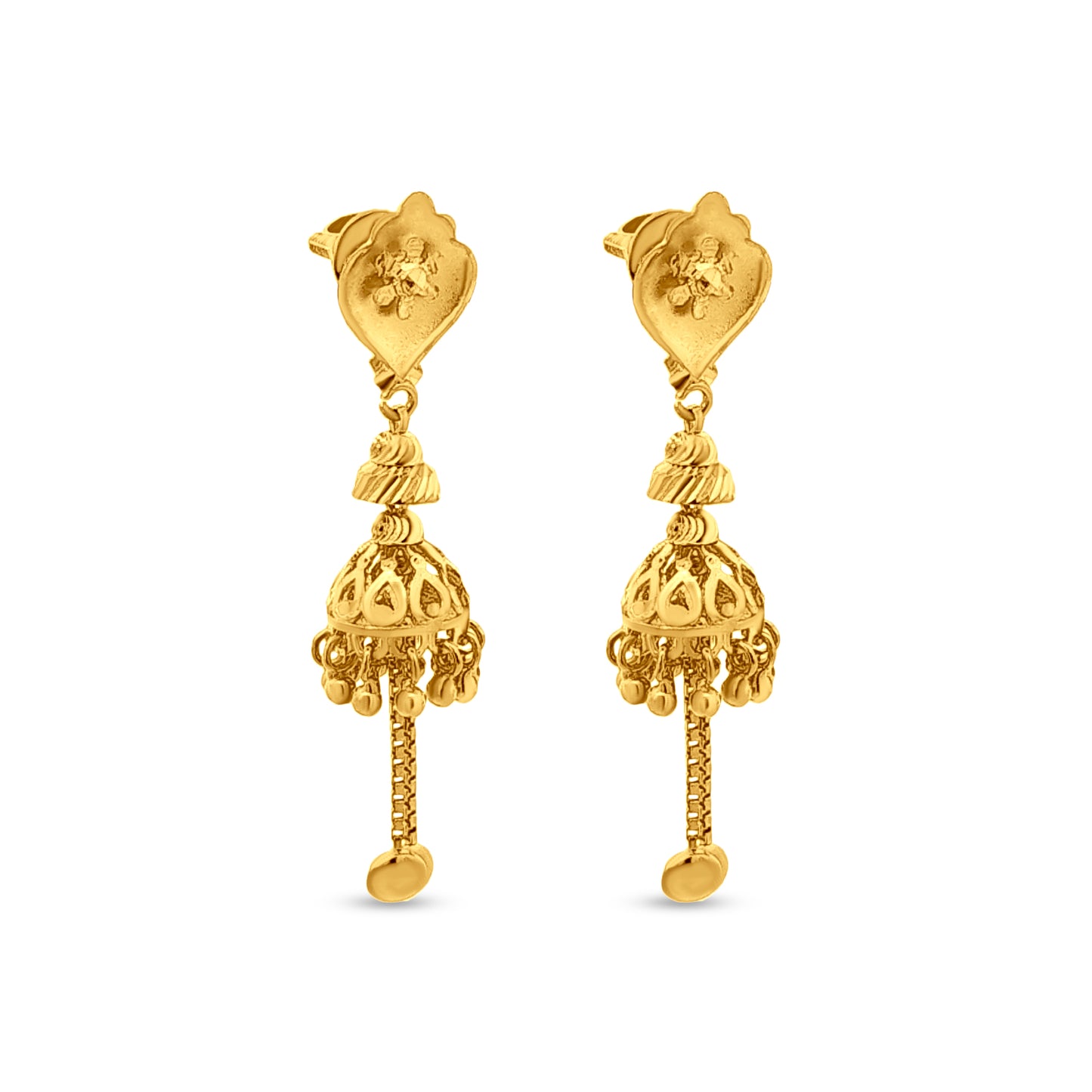 Lavanya 22K Yellow Gold Long Traditional Jhumkas with Hanging Trinkets