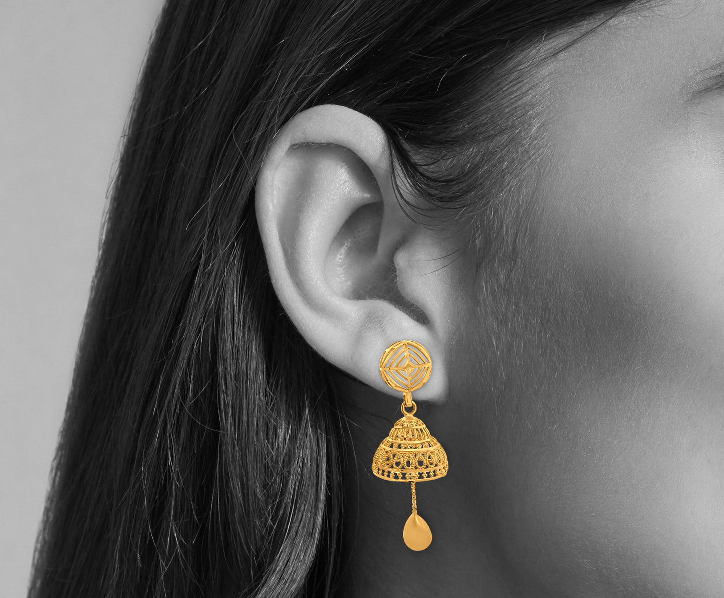 Anaya 22K Yellow Gold Dome Jhumkas with Hanging Trinket