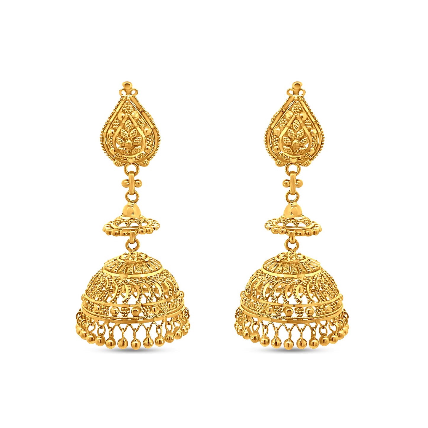 22K Yellow Gold Indian Traditional Jhumka Earrings for Weddings and Engagements
