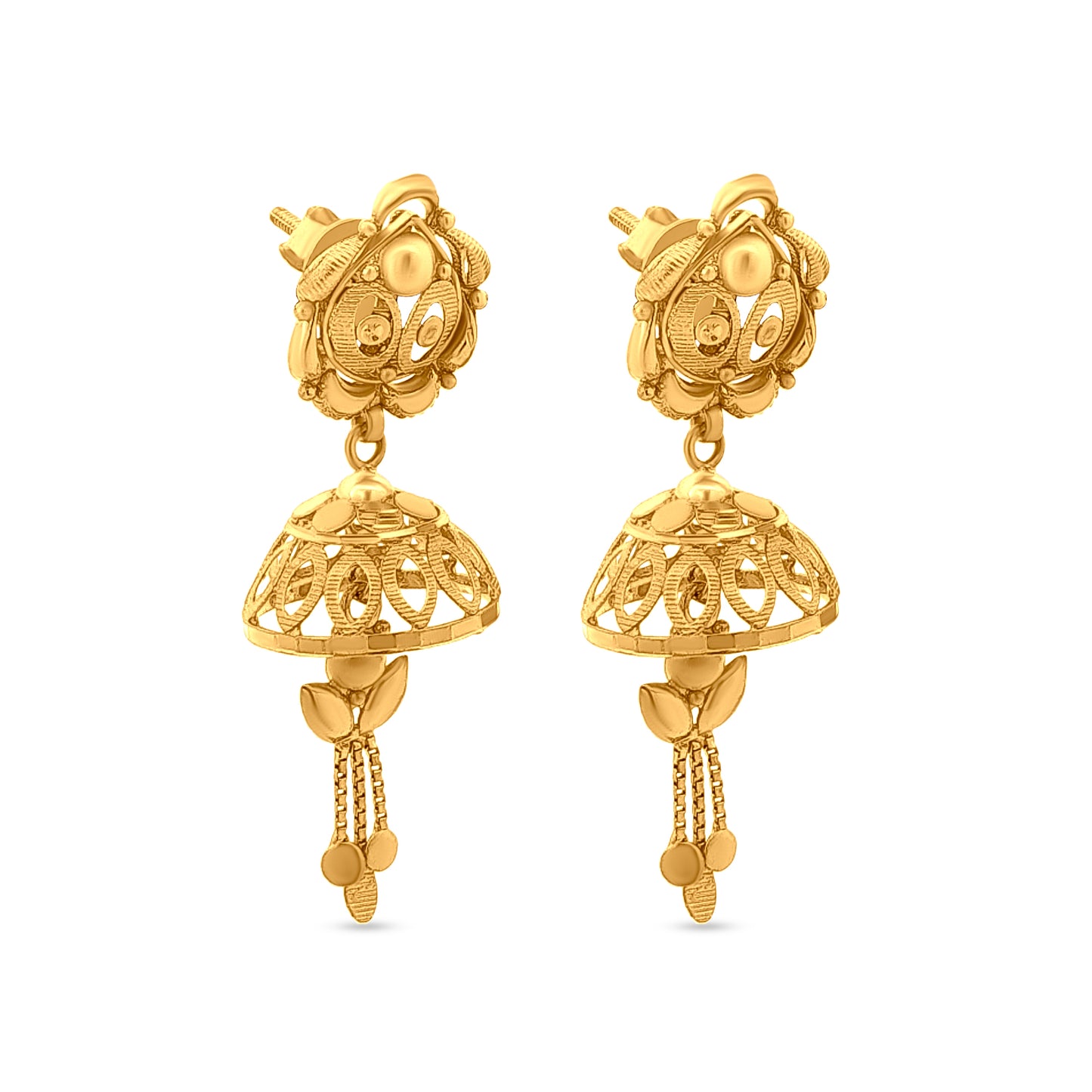 Aisha 22K Yellow Gold Minimalistic Jhumkas with Hanging Trinklets